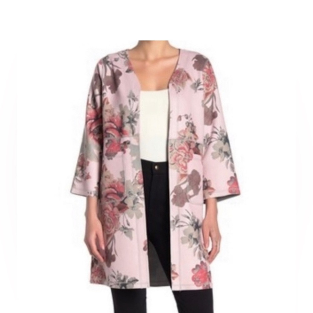 T TAHARI Floral Faux Leather Cardigan Duster